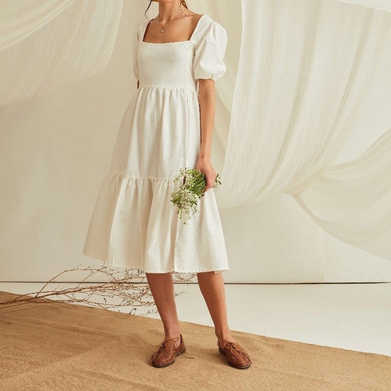 white puff sleeve dress long Maxi Linen Dress,white Linen Dress,puff Sleeve Dress,white Dress,cottagecore Dress,bridal Linen Dress