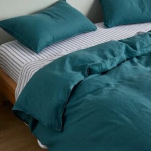 Teal Green Pure Cotton Duvet Cover, Sea Green Soft Cotton Bedding Set, Washed Cotton Boho Duvet Cover