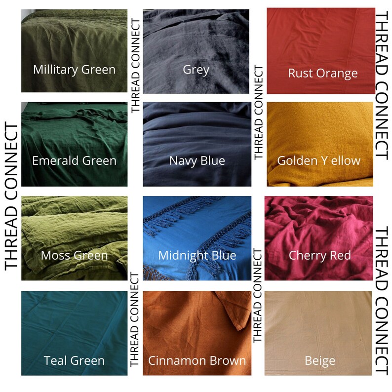 May include: A color chart showing 12 different fabric swatches in various shades of green, blue, red, orange, yellow, and brown. The swatches are labeled with the color names: Military Green, Grey, Rust Orange, Emerald Green, Navy Blue, Golden Yellow, Moss Green, Midnight Blue, Cherry Red, Teal Green, Cinnamon Brown, and Beige. The text "THREAD CONNECT" appears on the right and left sides of the chart.