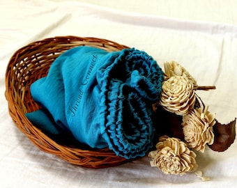 Teal Blue Linen Fitted Sheet, Super Soft Washed Linen Bedding