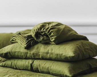 Moss Green Linen Bedding Set, European Flax, Olive Green