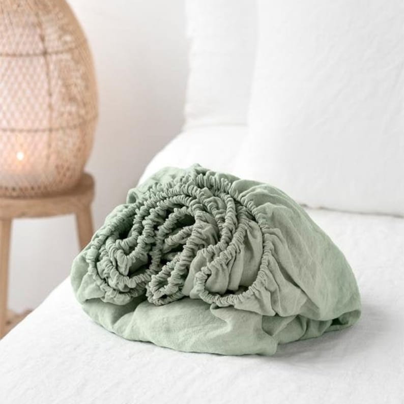 Cherry Red Pure Linen Fitted Sheet, Bright Red Stonewashed Flax Linen Fitted Sheet Sage Green