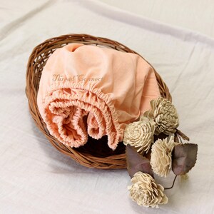 Cherry Red Pure Linen Fitted Sheet, Bright Red Stonewashed Flax Linen Fitted Sheet Peach