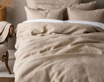 Pure Linen Duvet Cover Set, Oatmeal Natural Bedding Set, Washed Flax Pillowcases