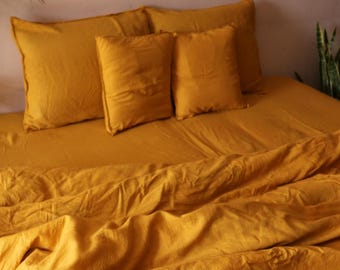 Golden Yellow Cotton Duvet Cover, Honeycomb Cotton Bedding Set, 1 Marigold Duvet cover + 2 Pillowcases, Duvet Cover with Button Closure