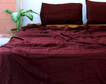 Burgundy Soft Cotton Flat Sheet, Dark Wine Red Bedding Set, Stonewashed Pure Cotton Bedsheet