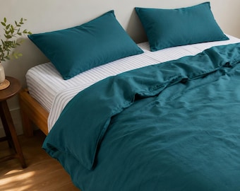 Teal Green Washed Cotton Duvet Cover Set, Soft Breathable Bedding Set
