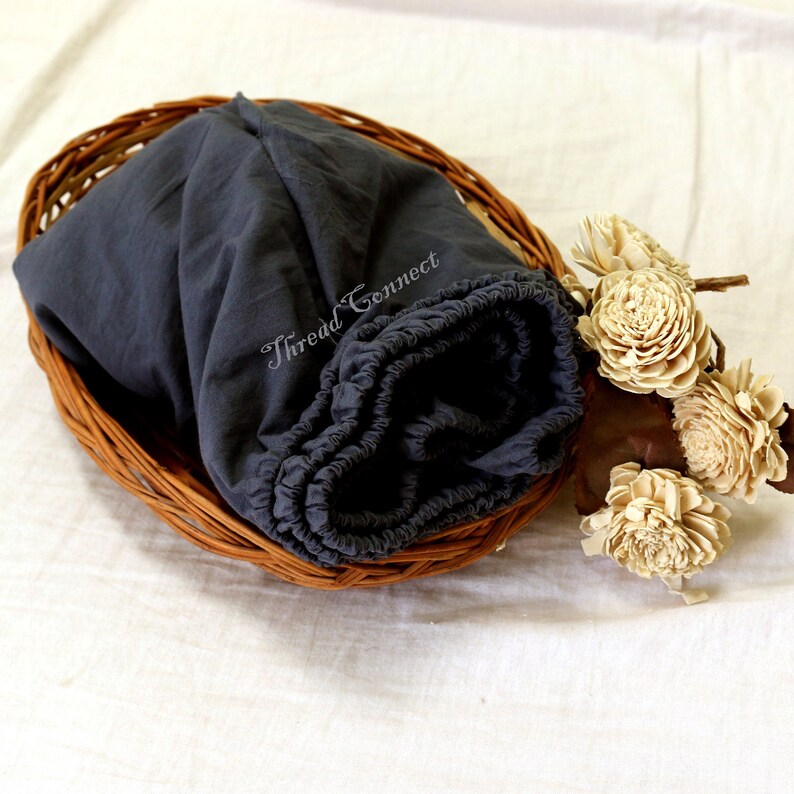 Cherry Red Pure Linen Fitted Sheet, Bright Red Stonewashed Flax Linen Fitted Sheet Dark Grey