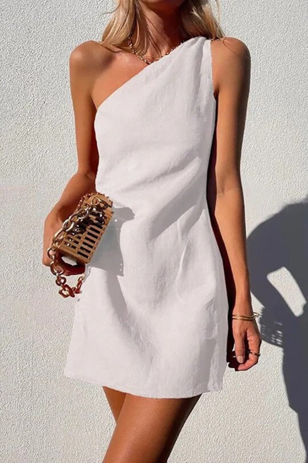 White One Shoulder Linen Dress Mini Short Linen Dress Simple Basic Elegant Flax Dress Custom Linen Dress Gift for Bridesmaid Etsy