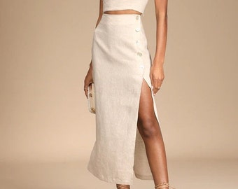 Beige Side Slit Linen Skirt with Buttons, High Waisted Natural Linen Midi Skirt, Long Skirt for Woman, High Rise Summer Skirt for Bridesmaid