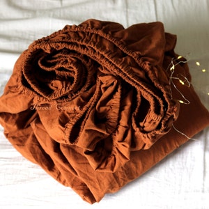 Cinnamon Brown Pure Linen Fitted Sheet, Burnt Orange Flax Linen Fitted Sheet, Halloween Decor