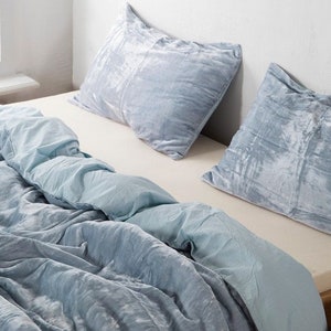 Powder Blue Luxe Velvet Duvet Cover, Sky Blue Crushed Velvet Boho Bedding Set, Ice Blue Cotton Comforter Cover