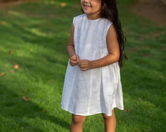 White Linen Dress for Girls with Button Closure, Girls Summer Dress, Toddler Organic Linen Dress, First Birthday Girl Dress