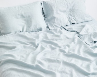 Light Sky Blue Soft Cotton Flat Sheet, Powder Blue Bedding Set, Pastel Blue Stonewashed Pure Cotton Bedsheet