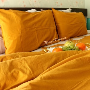 3 Pcs Set Golden Yellow Soft Cotton Flat Sheet, Turmeric Cotton Bedding Set, Honeycomb Stonewashed Cotton Bedsheet