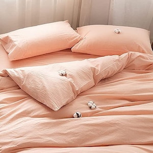 Peach Washed Linen Flat Sheet,  3 Pcs Soft Linen Bedding Set, Flax Linen Bedsheet with Pillow Covers