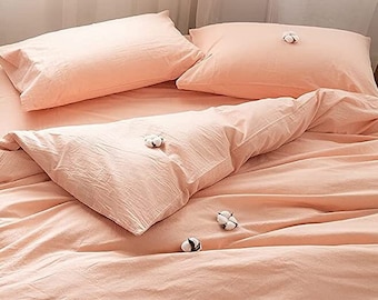 Peach Washed Linen Flat Sheet,  3 Pcs Soft Linen Bedding Set, Flax Linen Bedsheet with Pillow Covers