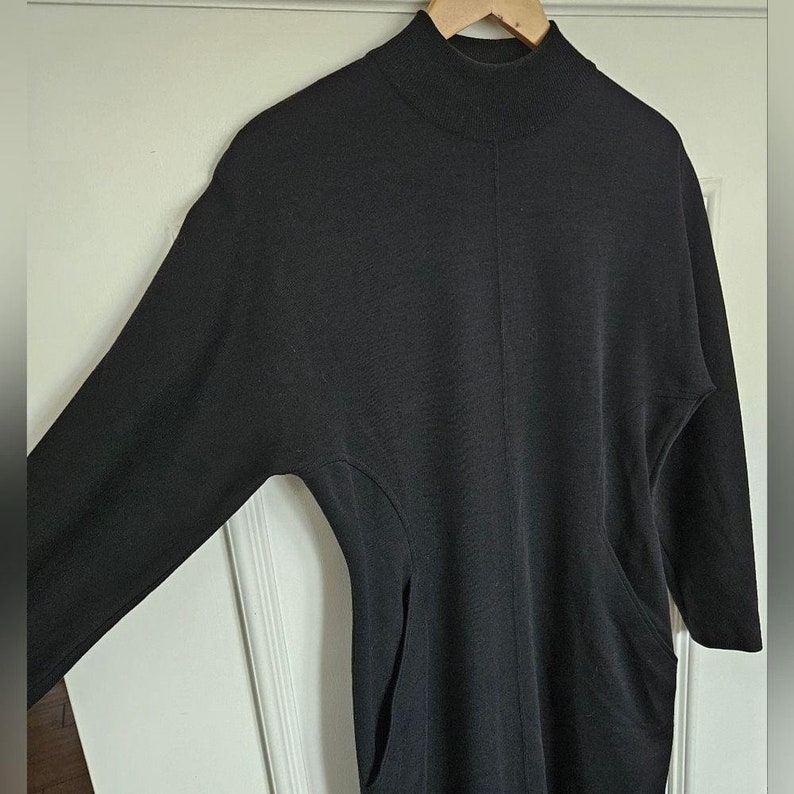Vintage PORTS International Virgin Wool Mock Neck Midi Sweater Dress Womens Medium Black Long Sleeve Dress Retro 80s Modest Knitwear image 2