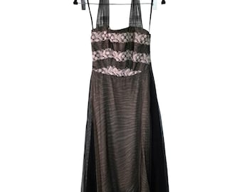 90s Laundry Shelli Segal Black Pink Tulle Mesh Halter Formal Midi Dress | Vintage Old Hollywood Glamour Prom Dress Size 6 Small