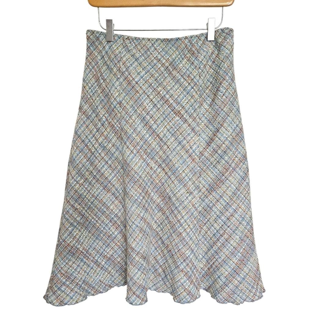 Y2K Dynamite Blau Grün Tweed A-Linien Pull-On Slip-Rock | Damen Medium 8 10 Vintage Knielanger Rock | Retro Adrette Licht Academia Mode