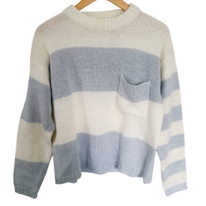 Vintage Gitano Metallic Cream Silver Gray Striped Sweater | Medium 1990s Sparkly Asymmetrical Stripe Pullover | Retro Quirky Casual Jumper