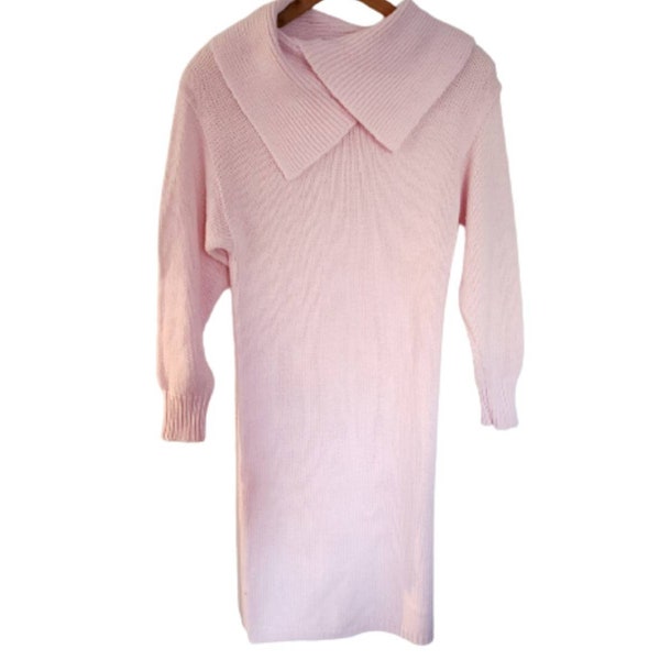 Vintage Pink Sweater Dress | Small 1980s Pastel Long Sleeve Knitted Midi Dress | Retro 80s Size 4 6 8 Collared Sweaterdress