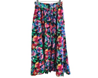Vintage Regenbogen tropischer Blumen Midi Rock | XS 0 2 Retro Knopfleiste Sommer Midirock | 1990s Extra kleiner CLTO Juniors fließender A-Linien-Rock