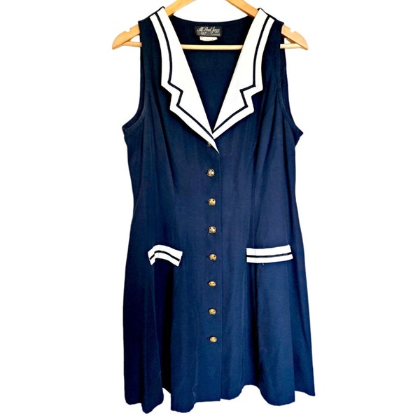 Vintage All That Jazz Womens Fit and Flare Sailor Dress | Large 15 16 Navy Blue Nautical Pinup Dress | 80s 90s Costume Cosplay Mini Dress