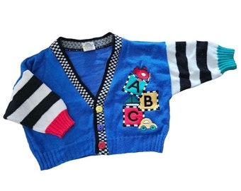 Vintage Baby Togs 3-6 Months Colorful Novelty Cardigan | Boys Retro Sweater for 3mo 6mo Infant | Embroidered Fun Racecar Driver Jumper