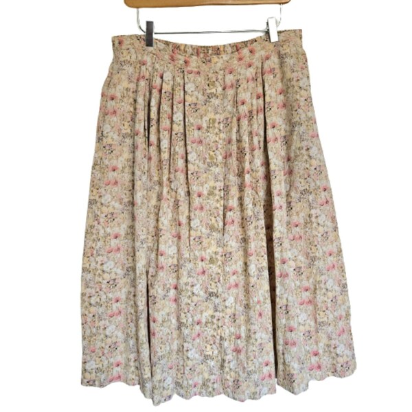 Vintage Plus Size Yellow Pink Floral Button Front Midi Skirt | Womens 18W Pastel Cottagecore Pleated Cotton Skirt | 80s 90s Principles Skirt