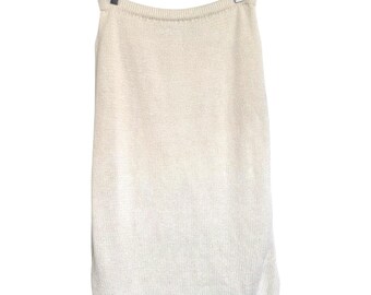 Vintage Lara Ferrante Sparkly Metallic Cream Knitted Midi Skirt | Womens Medium Holiday Sweater Skirt with Lace Trim Peekaboo Lining