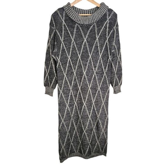 Vintage Gray Midi Sweater Dress Knitted Argyle Diamond Pattern Made in Italy
