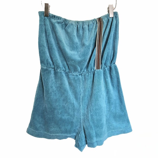 Vintage 70s Strapless Turquoise Velour Romper | Womens Small Tube Top Playsuit | Blue Casual Terrycloth 1970s Ladies Beach Fashion