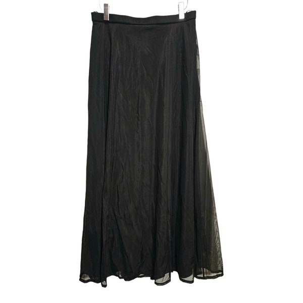 Vintage Tadashi Shoji Black Mesh Tulle Midi Skirt | Ladies 12P Petite Medium Sheer Layered Skirt | Formal Witchy Goth Fashion for Women