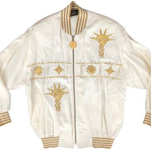 Retro 80s Metallic Sun Jacket | Vintage White Celestial Bomber
