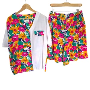 Vintage Jessica Floral Shorts & Blouse 2 Piece Set L Large Women