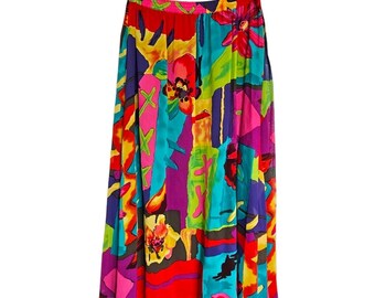 Vintage Carole Little Petites bunter abstrakter Blumen-Rayon-Maxi-Rock | 90er Jahre Eklektischer Regenbogen Flowy Stretch Taillenrock | Retro Maximalismus