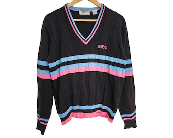 Vintage Aureus Striped Cable Knit V-Neck Sweater | Unisex Acrylic 90s Academia Jumper | Medium Retro Grandpacore Knitwear Black Pink Blue