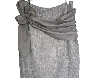 Vintage Nina Hazan Silver Metallic Wrap Sash Skirt | Sparkly Knitted Mini Formal Sweater Skirt | Womens 29 30 Waist 80s Stretch Pencil Skirt