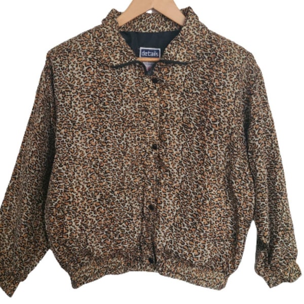 Retro Silk Leopard Print Bomber Jacket | Medium 8 10 12 Ladies Vintage Animal Print Outerwear | Womens 1980s 90s Rocker Aesthetic