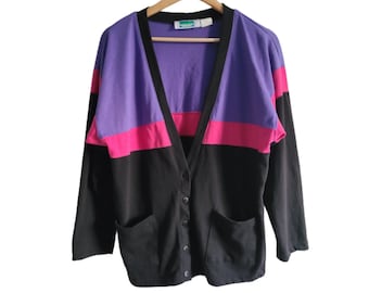 90s Retro Oversized Cardigan Sweatshirt | Medium Large Womens Vintage Button Front V Neck | Great Lakes Country Purple Pink Black Preppy Top