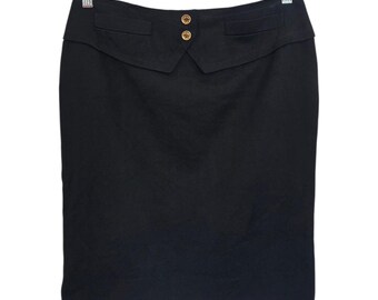 Vintage Celine Paris Black Wool Pencil Skirt FR 44 Knee Length with Gold Buttons Size 12