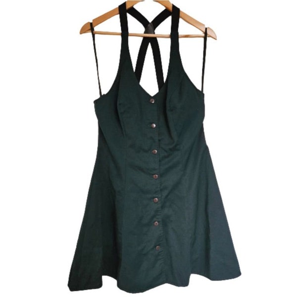 Vintage Smart Set Green Suspenders Fit Flare Dress | Womens Size 11 Medium Large Button Front Skater Dress | Punk Grunge Emo Mini Dress