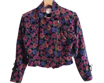 Retro Floral Corduroy Moto Jacket | 38 Small Cropped Vintage Jacket | Unique 80s Colorful Outerwear Coat