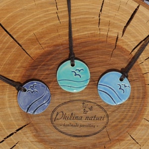 Handmade ceramic necklace Ocean with sea and birds in turquoise, light blue or dark blue
