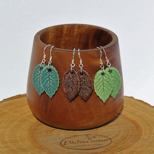 Handmade ceramic earrings in leaf shape, silver 925