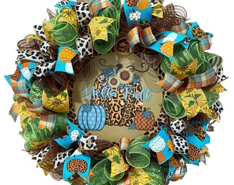 Fall Wreath, Happy Fall, Pumpkins, Sunflower, Leopard, Teal Blue, Orange, Moss Green, Brown, Beige, Yellow