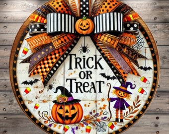 Trick or Treat | Lightweight Round Metal Wreath Sign | No Holes in Sign | Vintage Jack O' Lantern and Scarecrow Art for Halloween