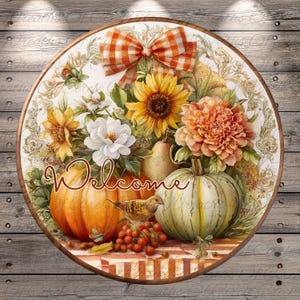 Welcome Fall Pumpkin Sign | Lightweight Round Metal Wreath Sign | No Holes in Sign | Rustic Autumn Wreath Decor