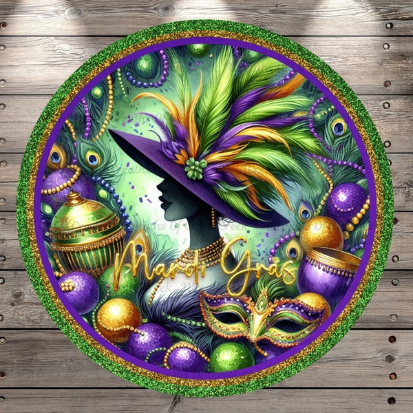 Mardi Gras, Lady Profile, Top Hat With Feathers, Gold, Purple, Green, Round, Light Weight, Metal Wreath Sign, No Holes